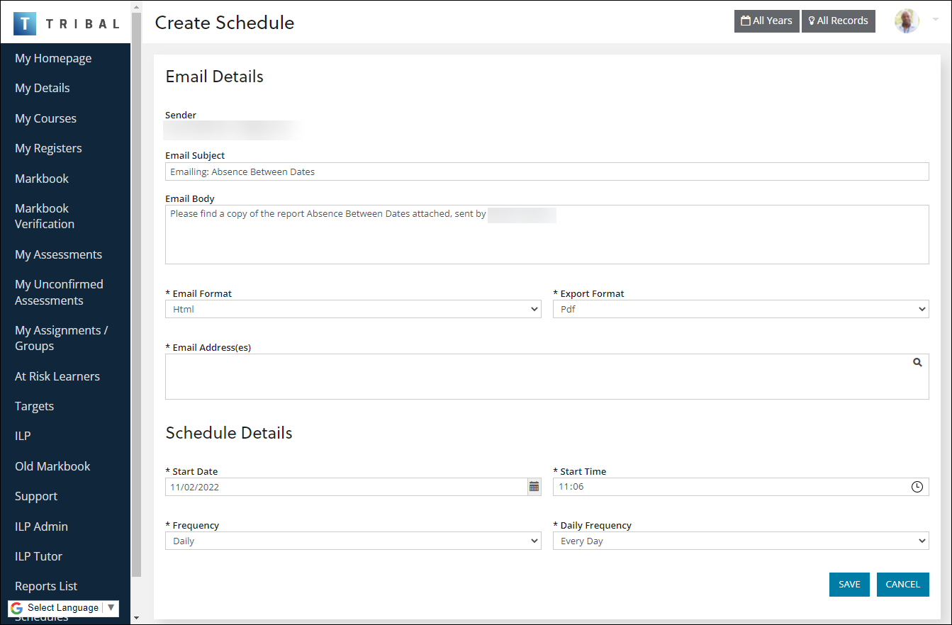 Create Schedule screen